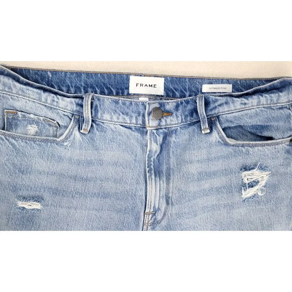 FRAME Le Garcon Crop Jeans Light Wash Distressed Raw Hem 28